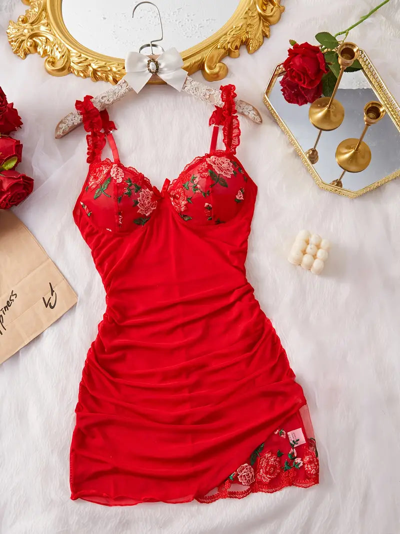 Chic women's lingerie nightgown, featuring stylish ruched mesh fabric.