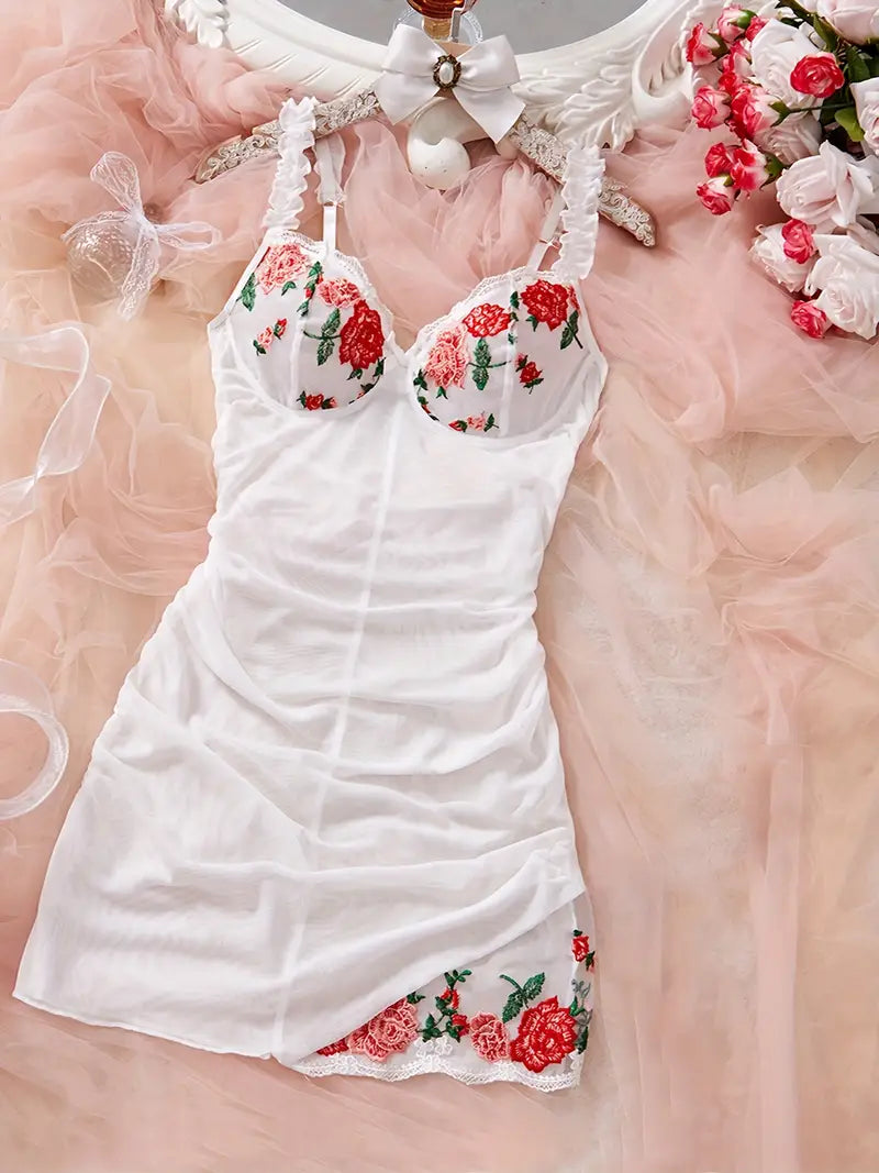 Romantic embroidered mesh nightgown for women, soft and comfortable intimate wear.