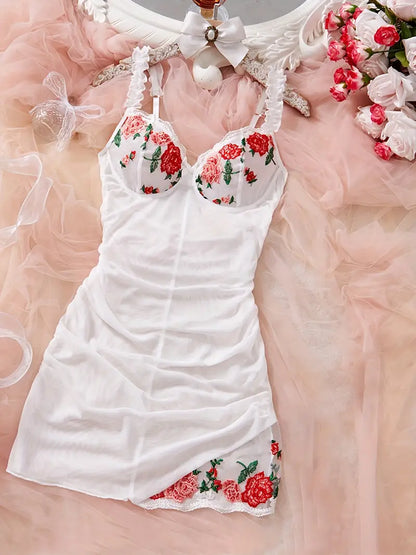 Romantic embroidered mesh nightgown for women, soft and comfortable intimate wear.