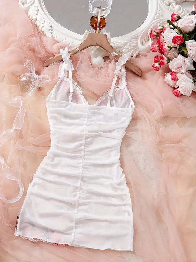 Stylish women's ruched mesh nightgown, combining comfort and seductive design.