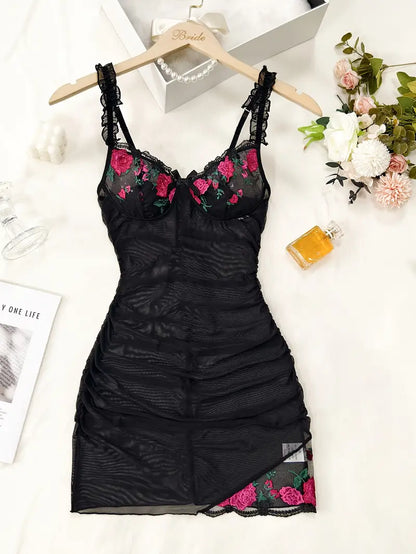 Beautiful women's romantic nightgown, featuring soft mesh and stylish ruching.