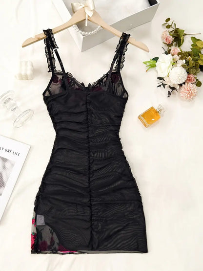 Embroidered mesh lingerie nightgown, a romantic and sexy choice for women.