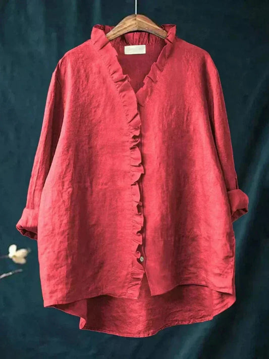 Women's romantic ruffle blouse, long sleeve, relaxed fit for effortless style & comfort.