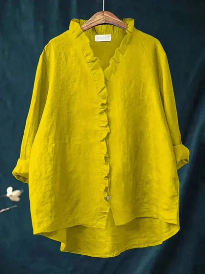 Ladies long-sleeve collared ruffle blouse with relaxed fit, perfect for comfortable, chic everyday fashion.