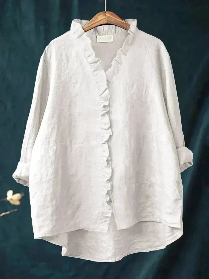 Effortless women's feminine ruffle top, long sleeve with a relaxed fit for versatile, casual elegant style.