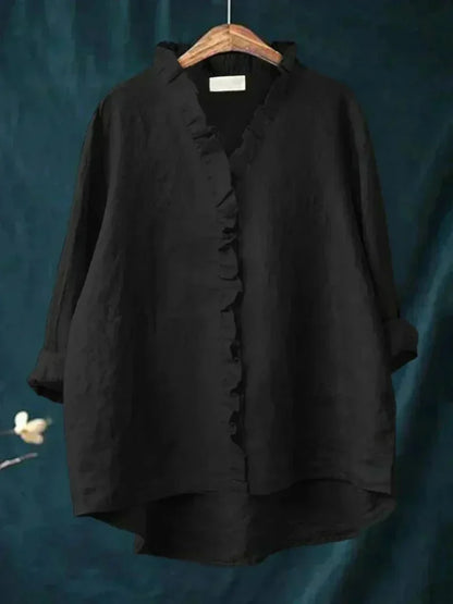 Feminine women's collared ruffle blouse, versatile long sleeve top offering relaxed fit and ultimate comfort.