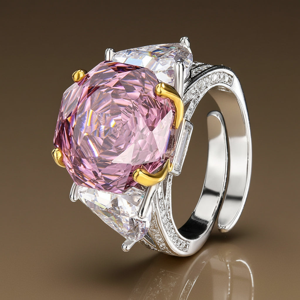Close-up of stunning rose cut tourmaline on an adjustable women's ring. Unique colorful gemstone fashion jewelry.