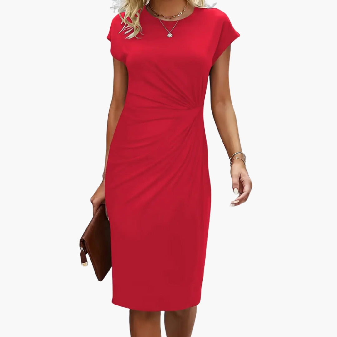 Classic women's short sleeve midi dress with a round neck, ideal for casual comfort or professional work attire.