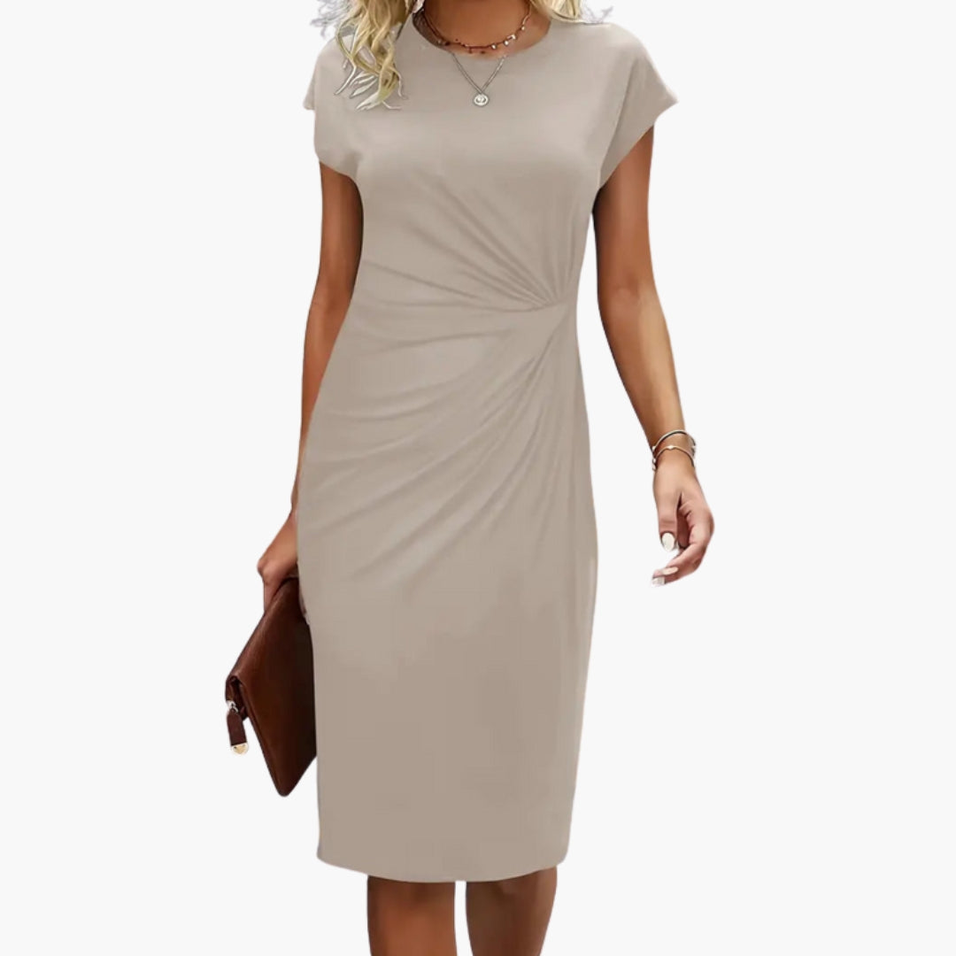 Comfortable women's short sleeve midi dress, round neck design, great for casual outings or chic summer fashion.