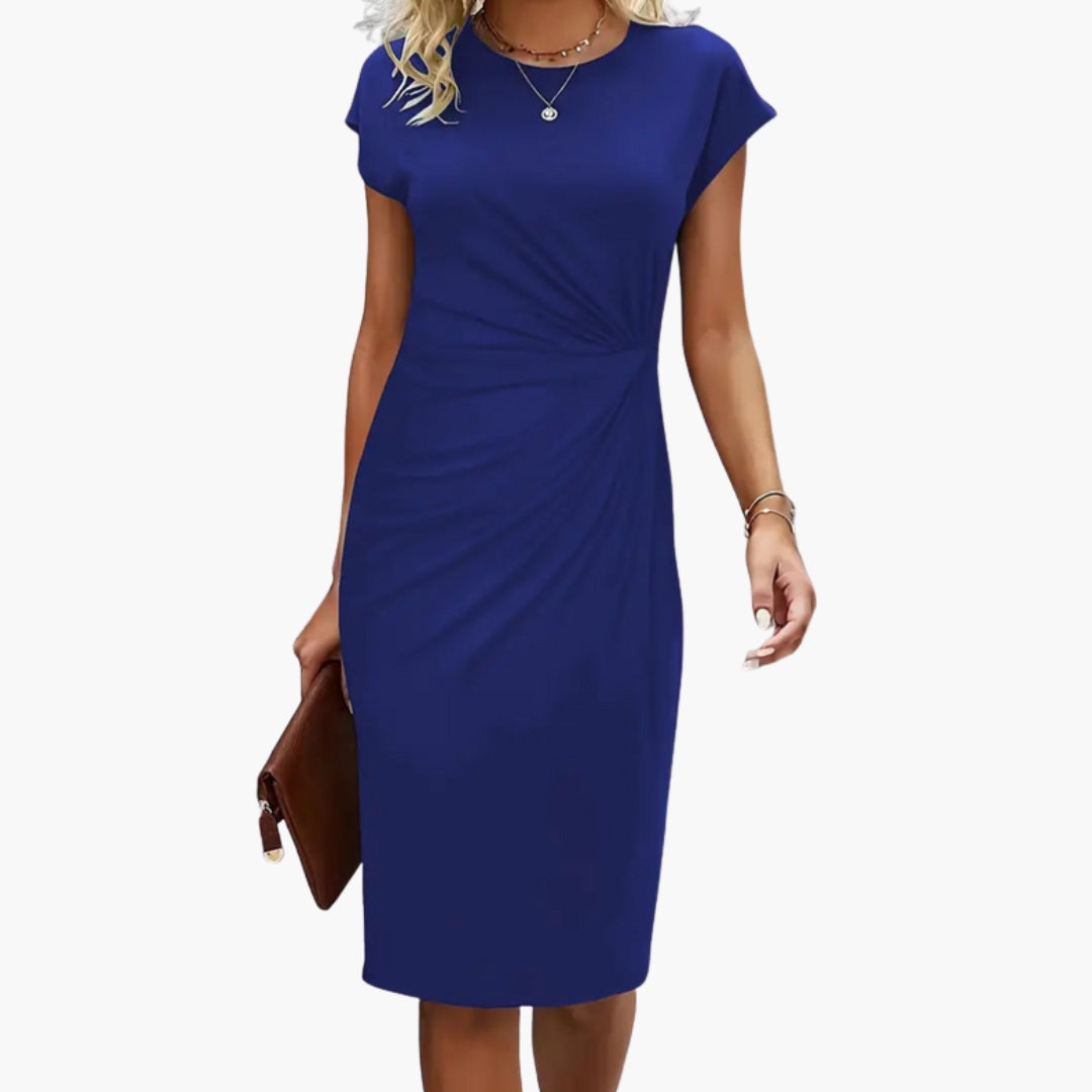 Versatile women's midi dress featuring a round neck and short sleeves, suitable for casual, work, and summer styles.