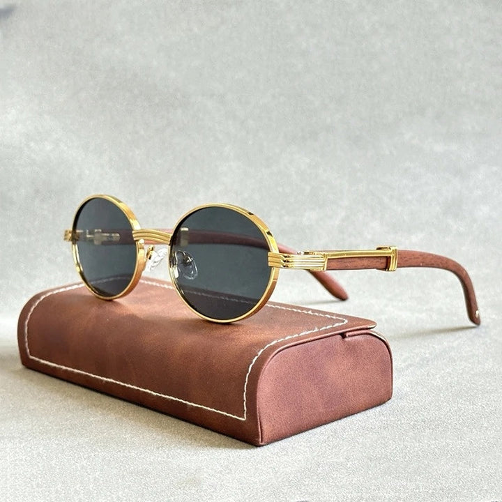 Women's round woodgrain sunglasses with UV400 protection, perfect vintage style fashion accessory for summer.