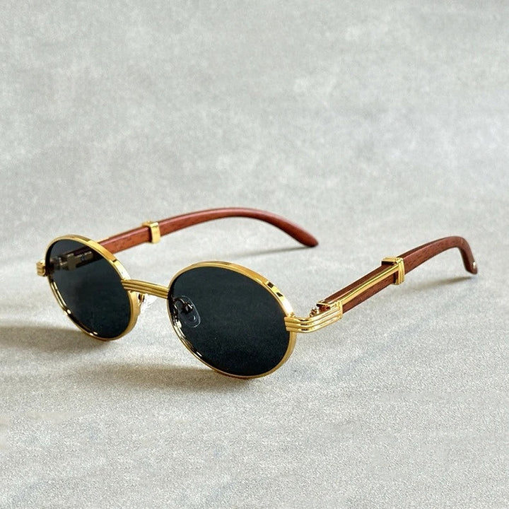 Women's round woodgrain sunglasses with gold accent. UV400 protected vintage style eyewear, summer fashion.