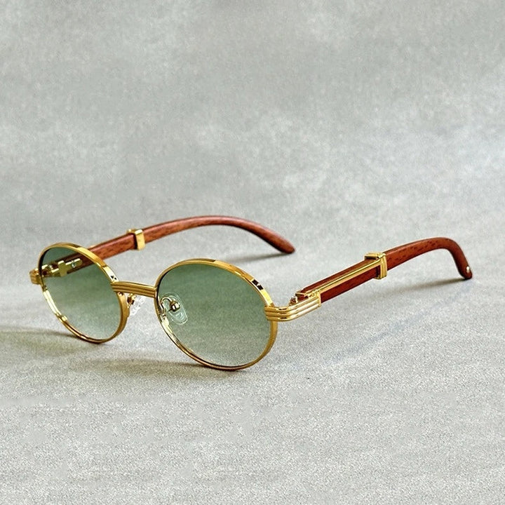 Chic women's round woodgrain sunglasses with silver accent. UV400 eyewear for summer. Vintage fashion accessory.