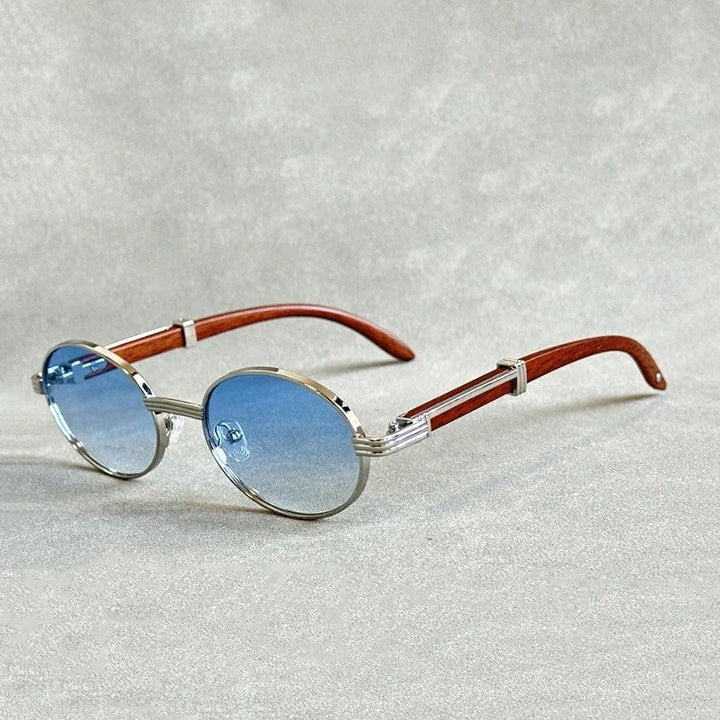 Women's round woodgrain sunglasses, UV400 protection. Stylish vintage eyewear, ideal summer fashion accessory.