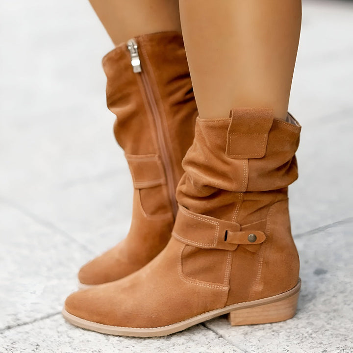 Stylish women's casual ankle boots featuring elegant ruching, plush cushioning, and an easy side zipper.