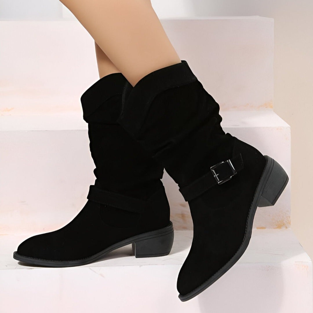 Comfortable women's everyday ankle boots with chic ruched detail, a cushioned sole, and convenient side zip.