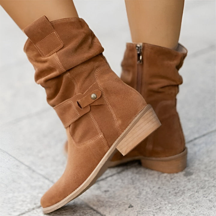 Everyday women's fall fashion ankle boots, featuring stylish ruching, ultimate comfort cushioning, and a side zipper.