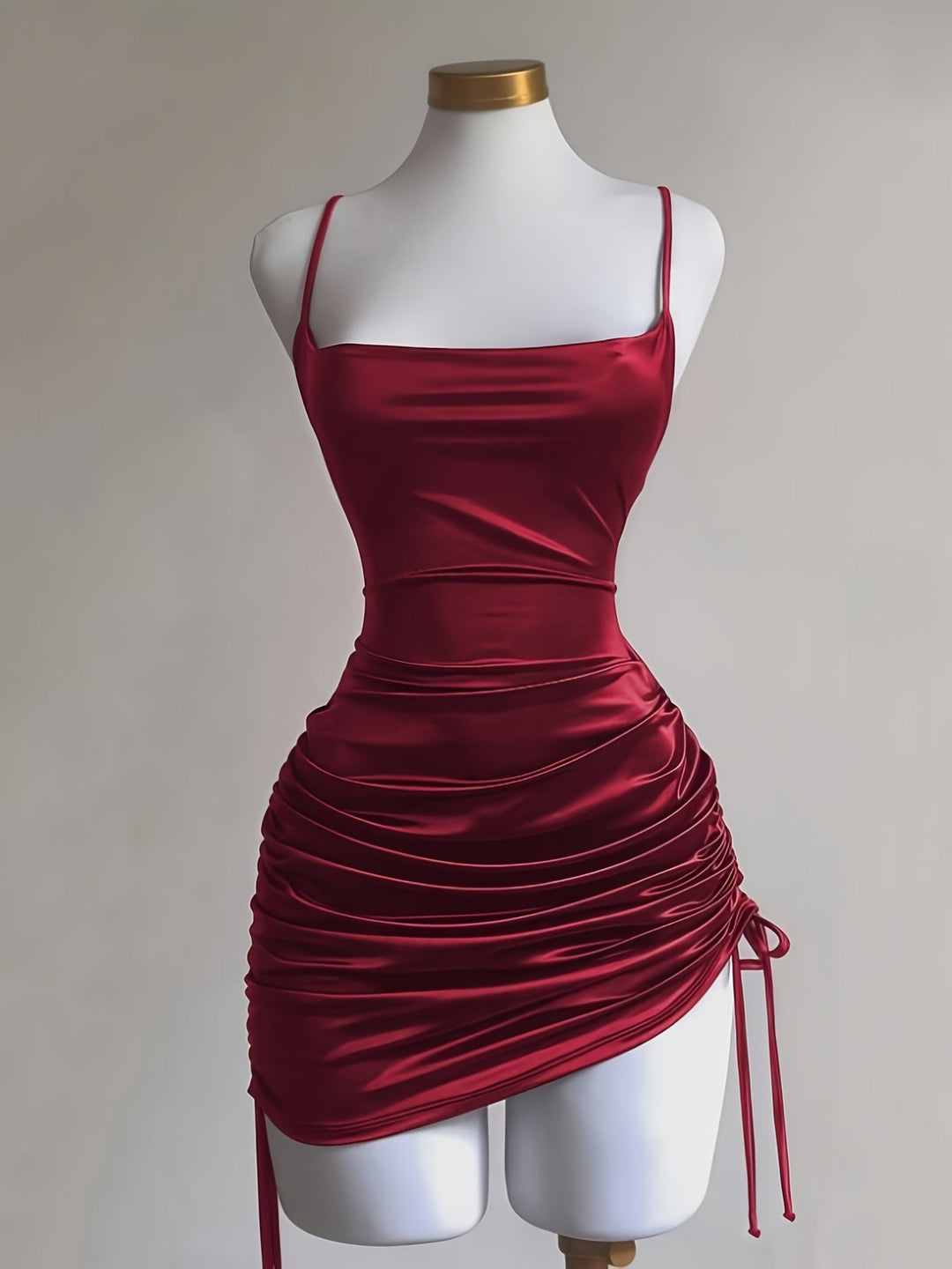 Women's ruched drawstring mini homecoming dress with adjustable straps & square neck.
