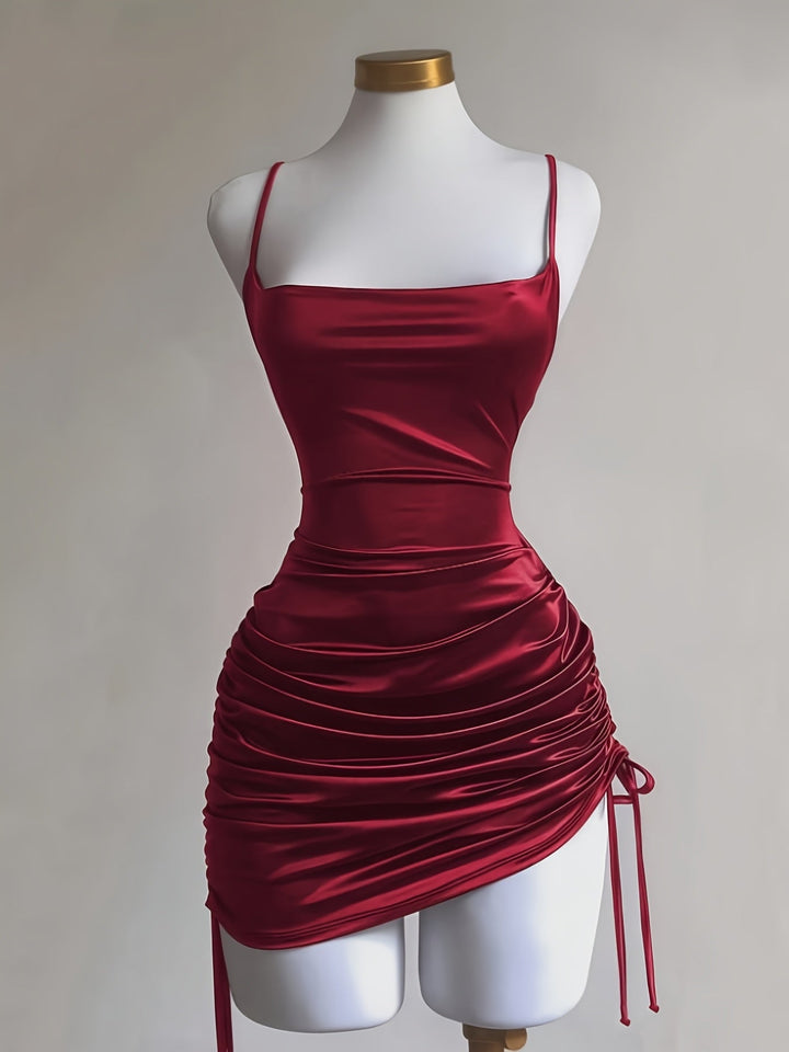 Women's ruched drawstring mini homecoming dress with adjustable straps & square neck.
