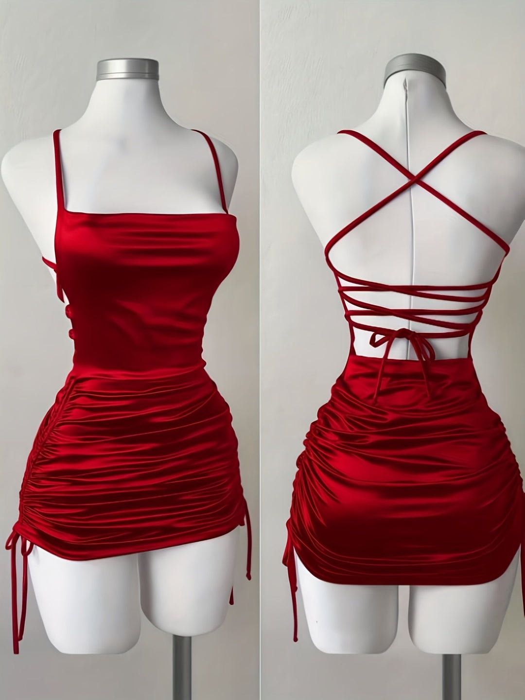 Women's special occasion mini dress, ruched with adjustable features & square neck.