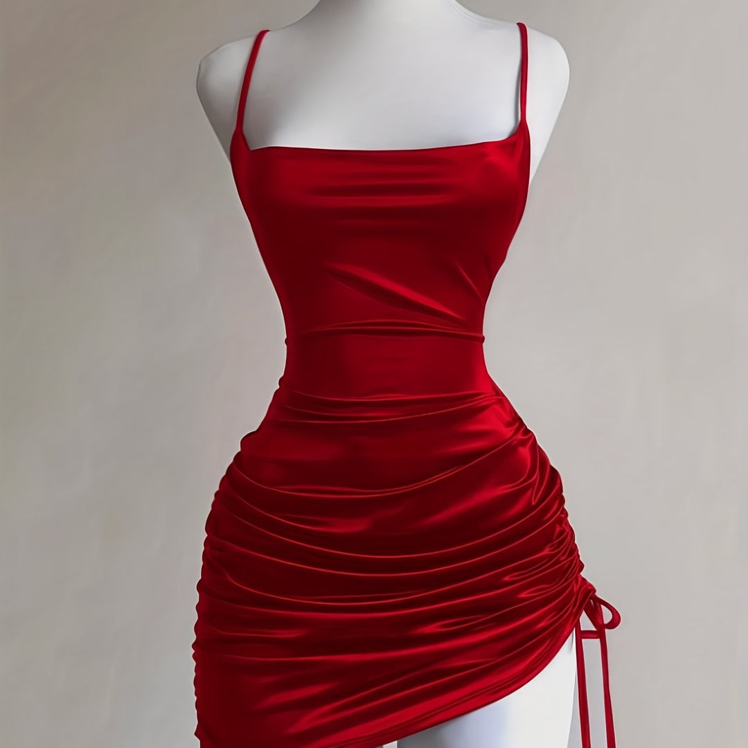 Trendy women's homecoming dress, ruched mini cut, party-ready, sleek design.
