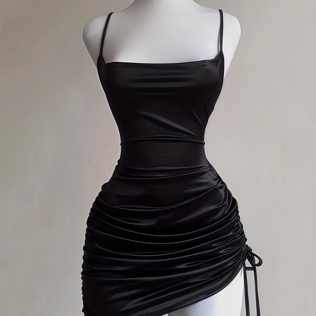 Stylish ruched mini cocktail dress for women, featuring a chic square neck.