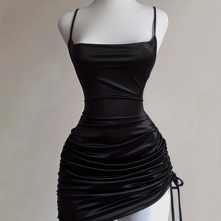 Stylish ruched mini cocktail dress for women, featuring a chic square neck.