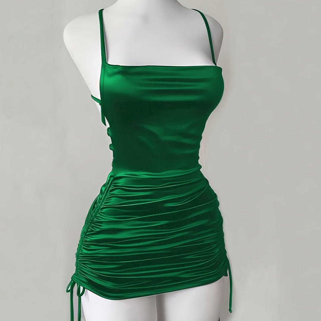 Versatile women's mini dress, ruched, square neck, drawstring, great for special occasions.