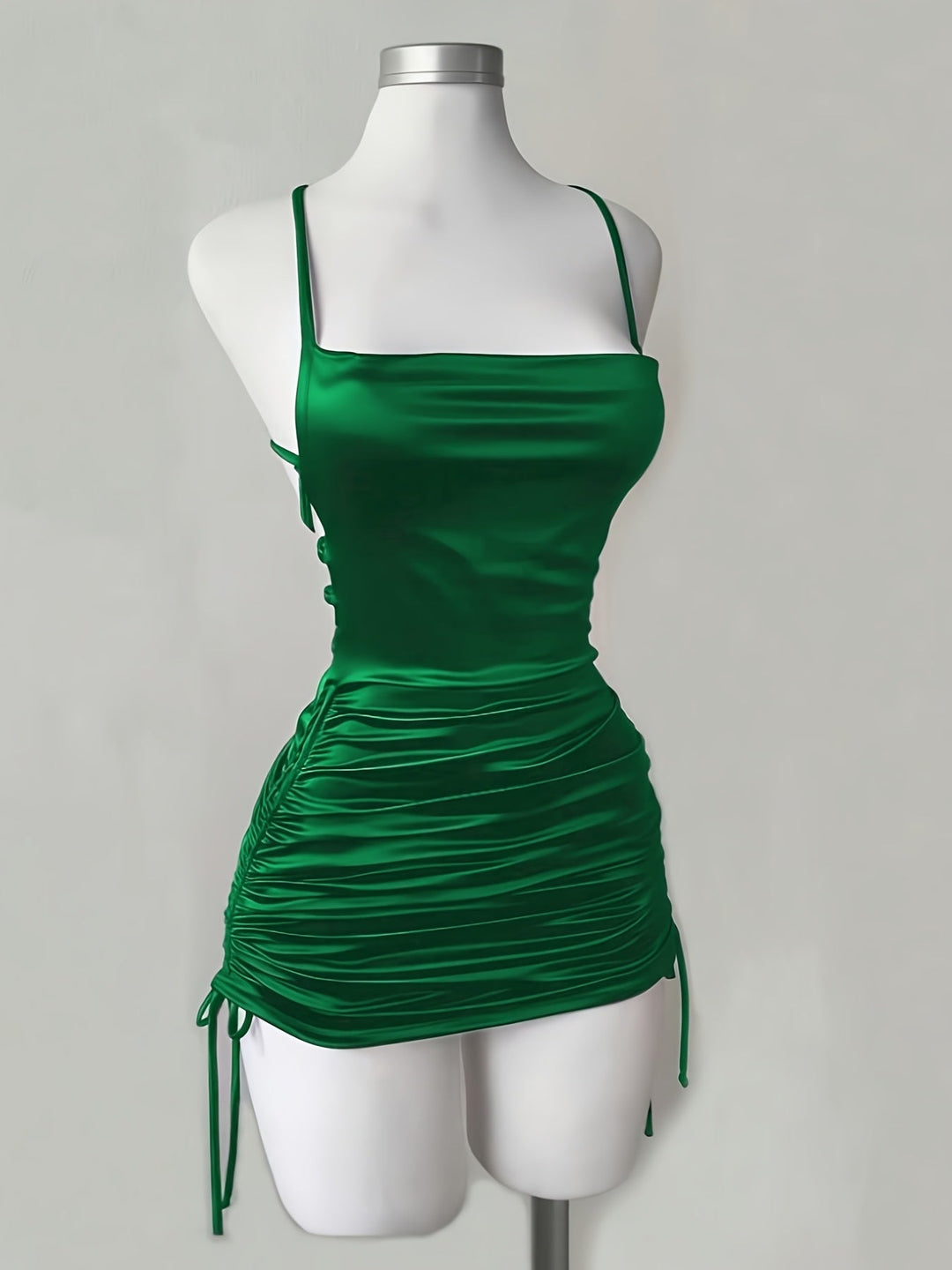 Sleek women's mini party dress, ruched design & adjustable drawstring detail.