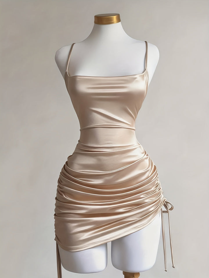 Elegant ruched mini dress for homecoming, featuring a stylish square neck.