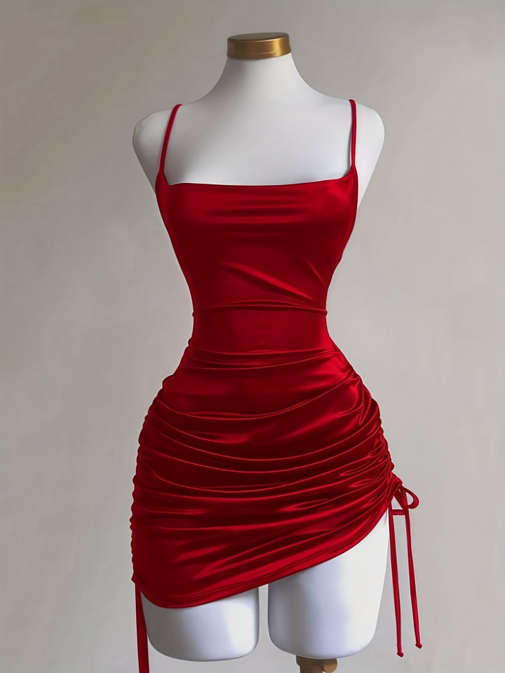 Women's cocktail dress, ruched drawstring mini style, perfect for special occasions.