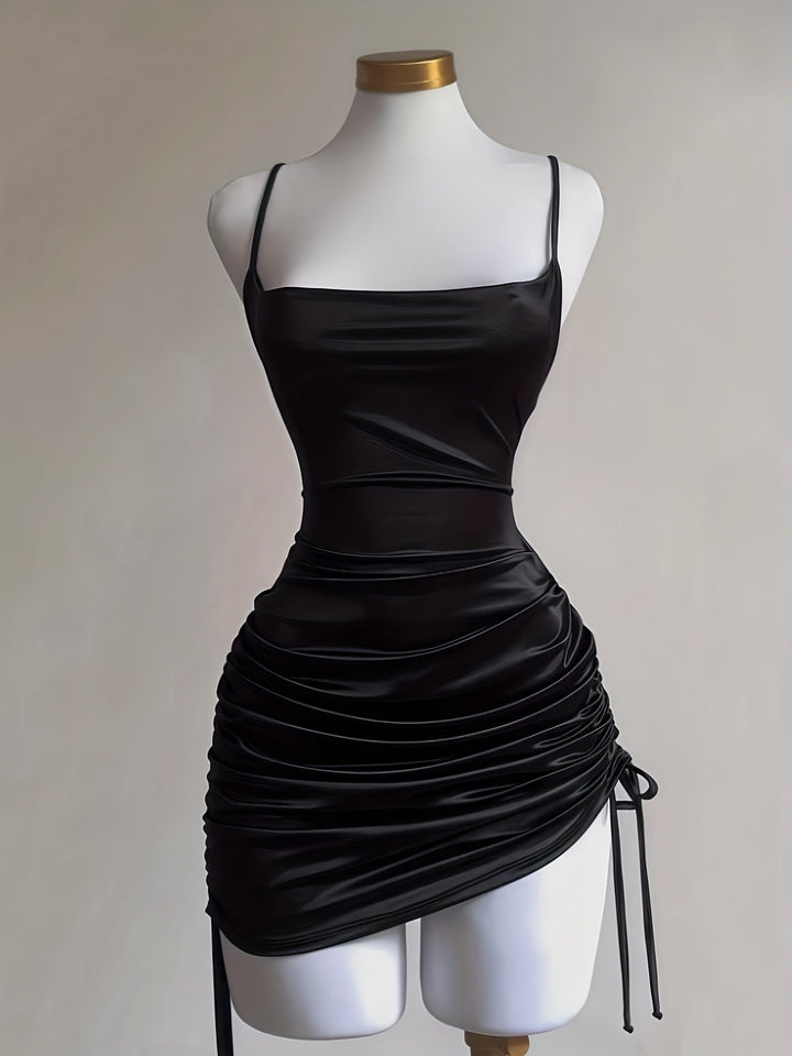 Fashionable women's homecoming dress, mini length, ruched with adjustable ties.
