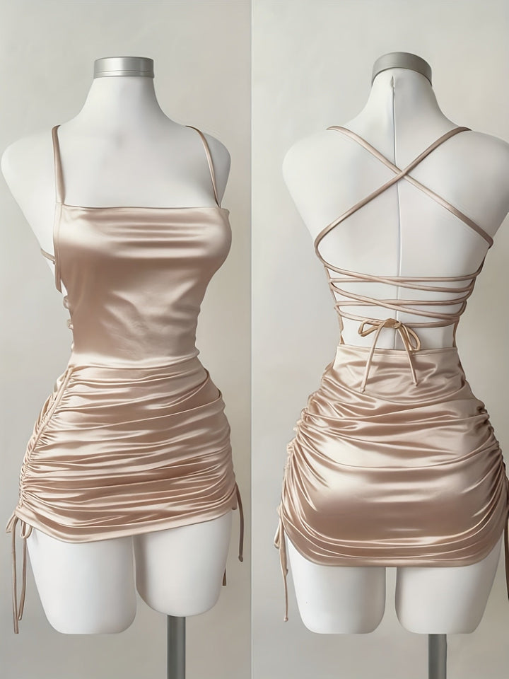 Sleek women's evening dress, mini ruched style with a flattering square neckline.