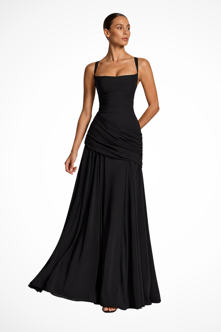 Women's ruched spaghetti strap maxi dress, perfect for evening, formal events, and parties.