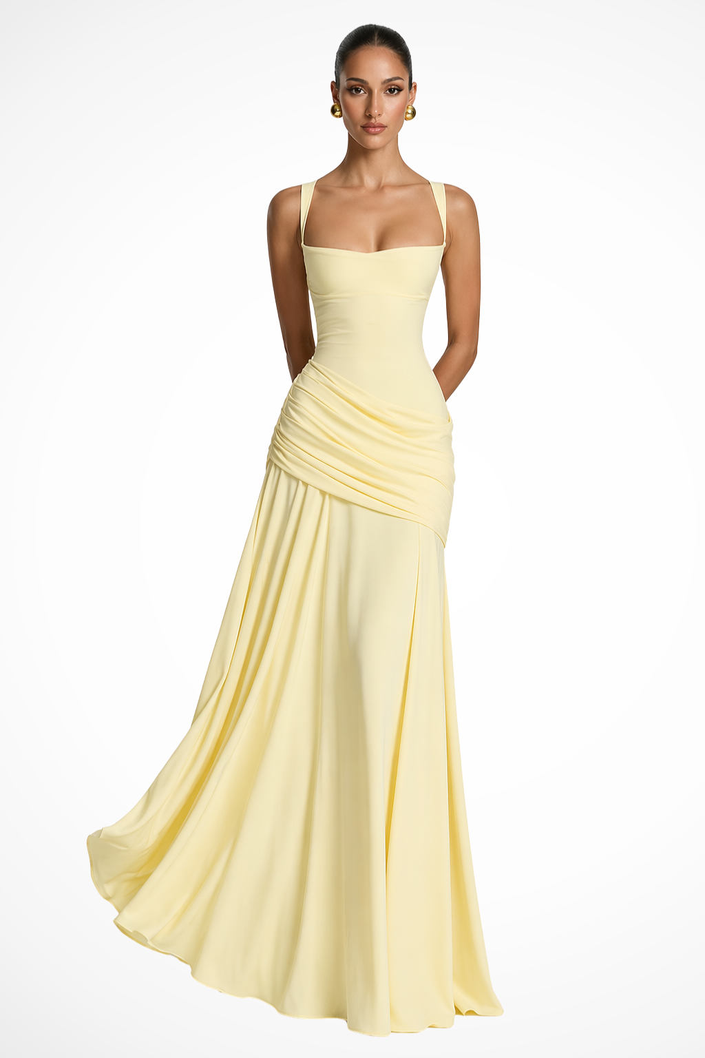 Elegant women's flowing ruched maxi dress with spaghetti straps and a square neck. Ideal for parties.