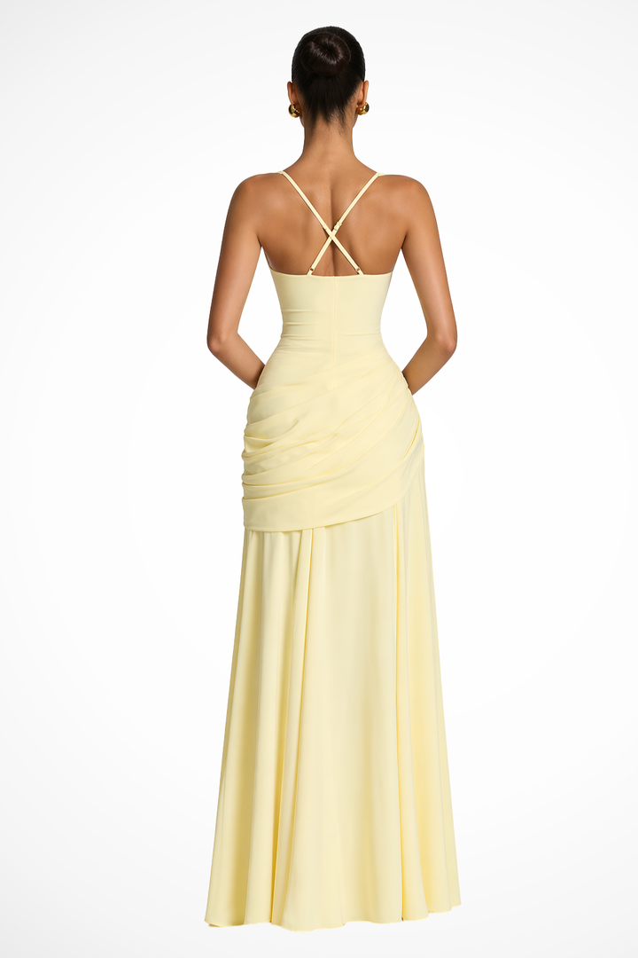 Stylish women's sleeveless maxi dress, ruched design & spaghetti straps. A formal or special occasion outfit.