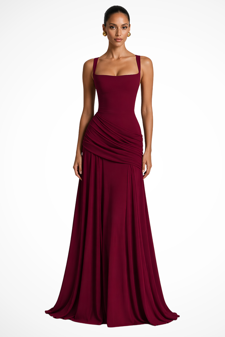 Sleeveless women's maxi dress with ruched details, spaghetti straps & square neckline. Formal evening wear.