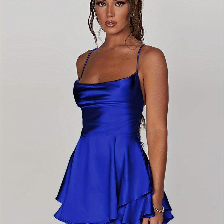 Flattering ruched tiered mini dress for women. Elegant choice for homecoming, parties & evenings out.