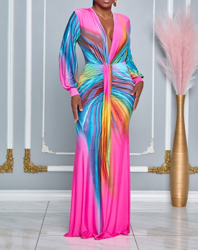 Women's ruched V-neck control maxi dress. Elegant bodycon evening gown, perfect for formal events.
