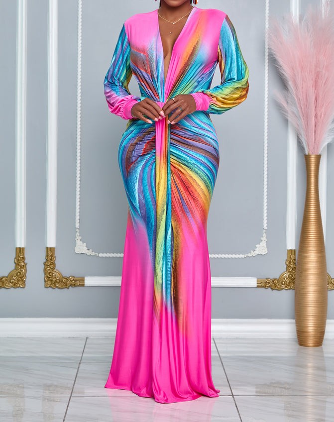 Slimming women's ruched V-neck control maxi dress. Flattering bodycon party dress, sophisticated formal wear.