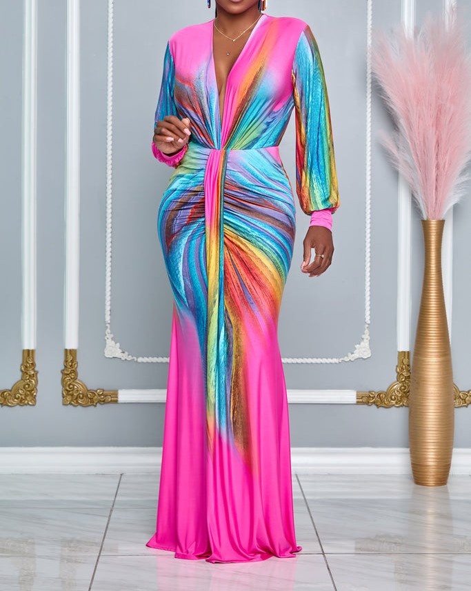 Elegant pink ruched V-neck control maxi dress for women. Perfect as a bodycon evening gown or formal party dress.