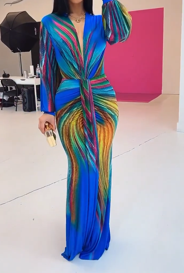 Formal women's ruched V-neck control maxi dress. A stunning bodycon evening gown, perfect for special occasions.