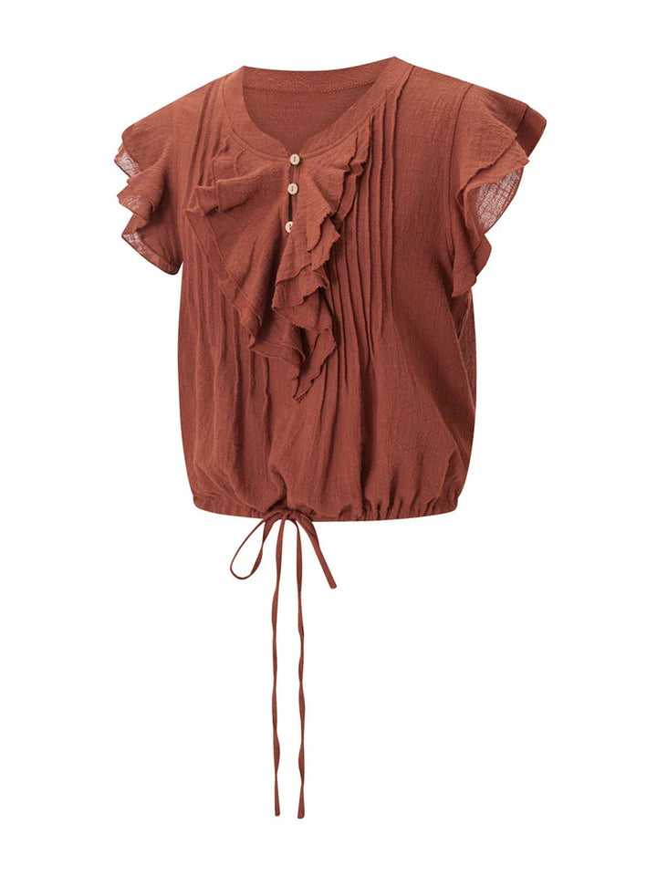 Stylish women's ruffle crop top, versatile for beach, casual, or holiday wear.