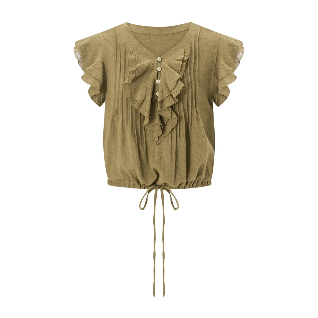 Trendy women's flutter sleeve top, cropped with a relaxed ruffle front.