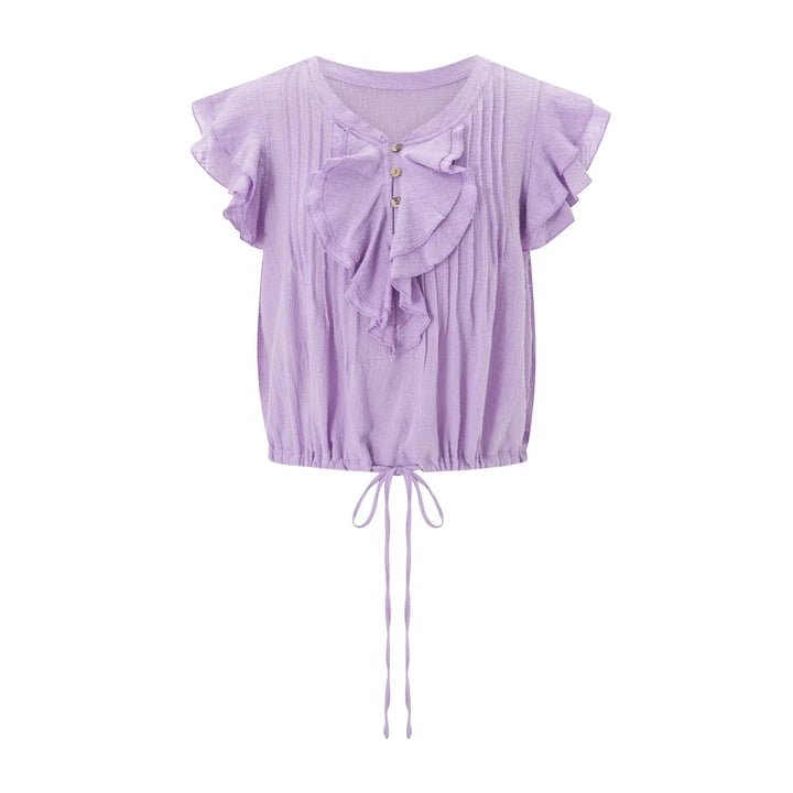 Women's holiday top, a cropped, relaxed fit with a fashionable ruffle front.