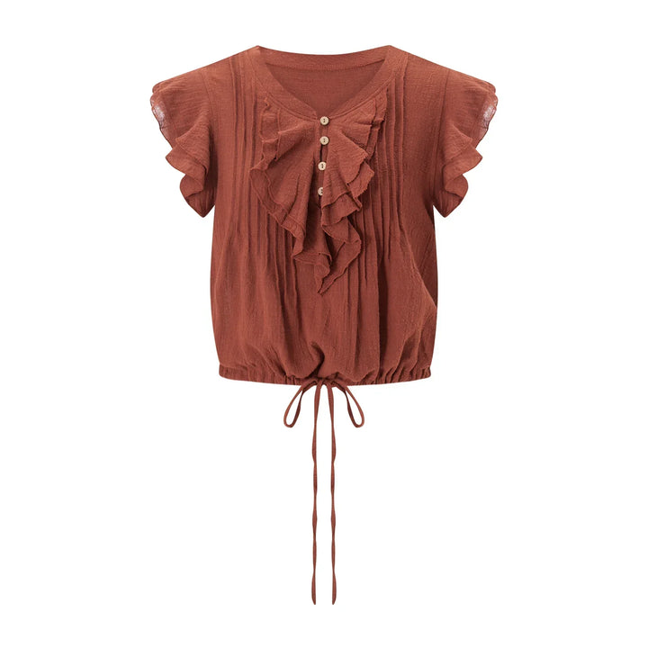 Summer casual women's top, lightweight, cropped, and featuring a ruffle front.