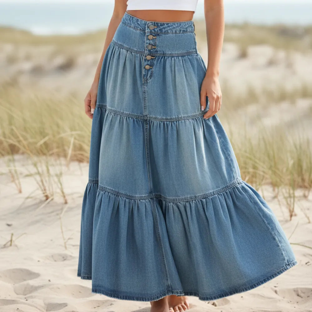 Women's ruffled high-waist bohemian maxi skirt, perfect for summer festivals. Flowy and elegant long skirt.