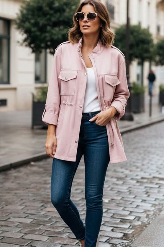 Women's rugged utility jacket with stylish open back for a modern, versatile layering look. Perfect casual outerwear.