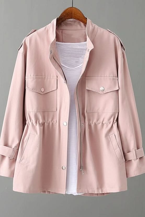 Rugged women's utility jacket, ideal for street style. Features durable fabric & practical design with a unique open back.