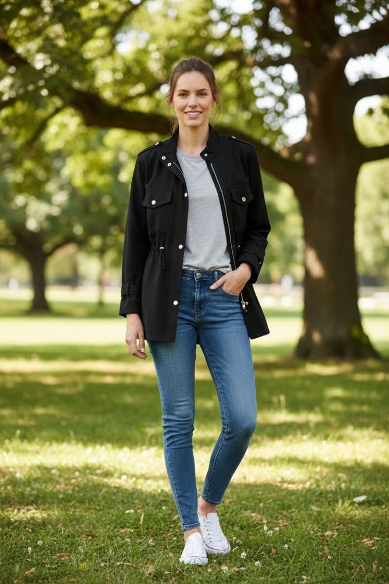 Versatile women's utility jacket with open back, perfect for casual wear & stylish layering. A modern outerwear piece.